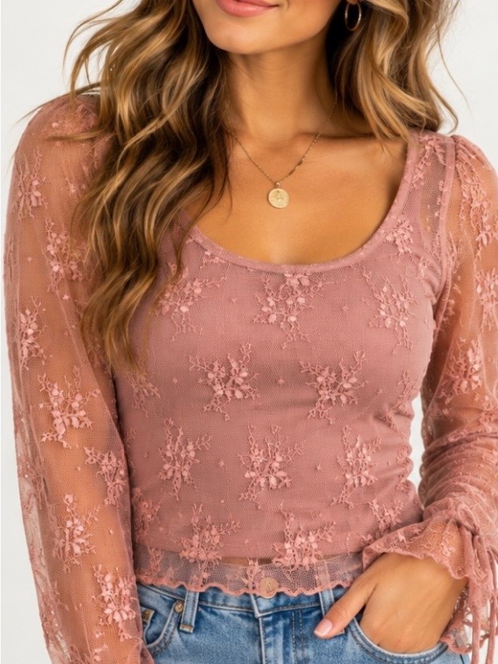 Stitch & Pine NWT Pink Floral Lace Mesh Long Sleeve Top M 💗
